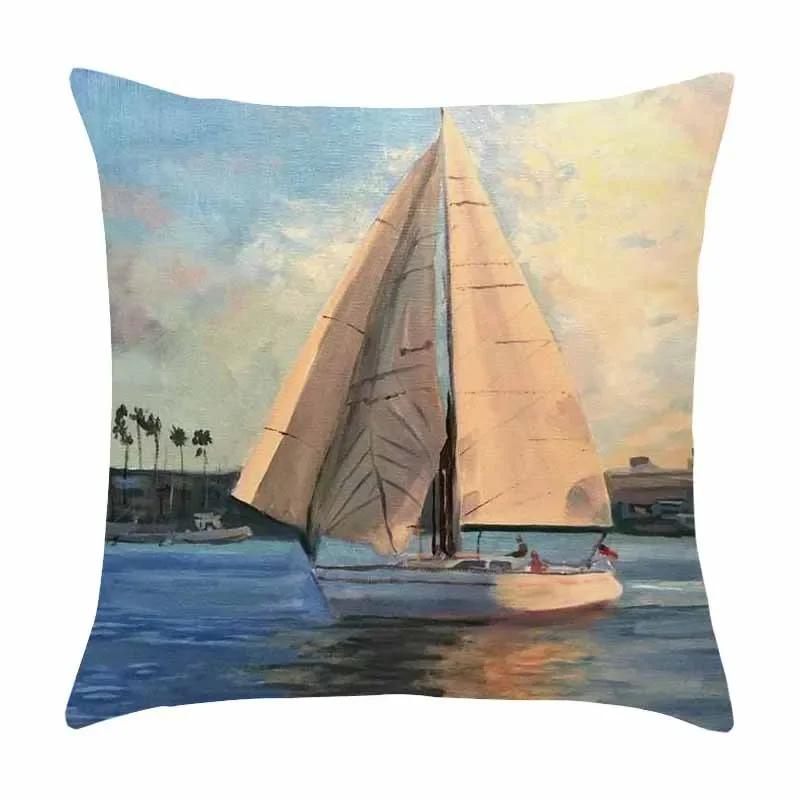 Beautiful Oil Painting Sail Sailing Landscape Print Pattern Cushion Cover Home Living Room Sofa Decoration Pillow