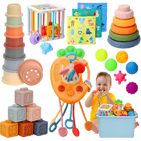 Baby Toys 6 to12 Months, 7 in-1 Montessori Toy for 6-9-12-18 Month Old with Pull String Toy, Sensory Bin Toys, Stacking Baby Blocks & Soft Infant PVC