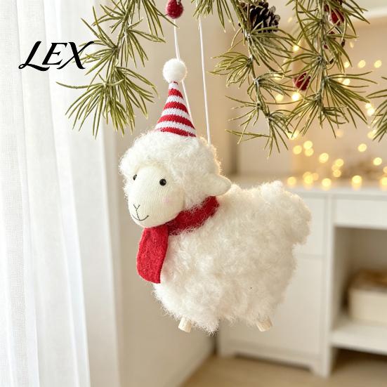 Plush Lamb Decorations White Sheep Christmas Ornament, Cute Knit Hat Tabletop Decoration, Soft Artisan Crafts Fabric Hanging Pendant for Tree, Holiday