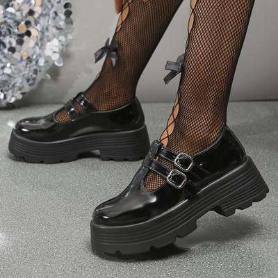 Fashion Chunky Platform Mary Jane Shoes Women Patent Leather Double Buckle Strap Pumps Woman Black White Thick High Heels Lolita Shoes