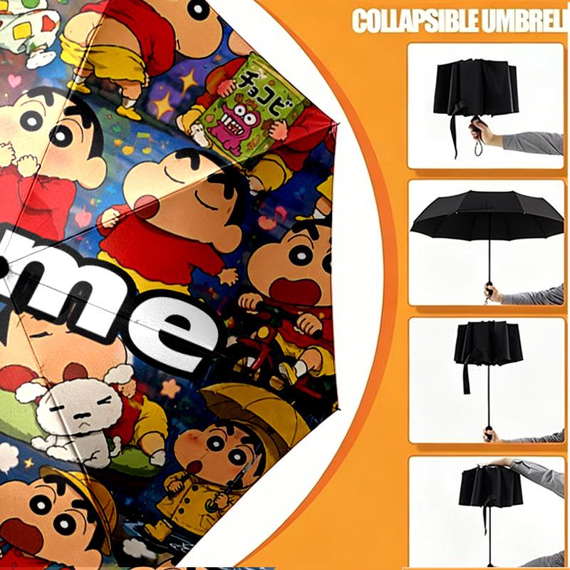 Custom Name Personalized Crayon Shin Print Umbrella, Auto Open Close, 8‑Rib Sturdy Frame, Commute Camping Hiking Use, Birthday Gift