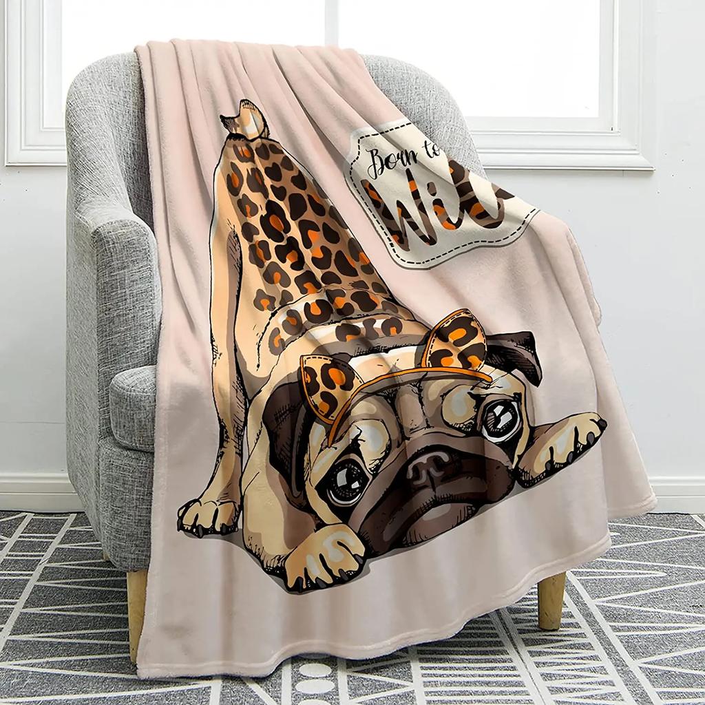 Cute Pet Pug Dog Print Blanket Soft Colorful Flannel Throw Blanket for Sofa Chair Bed Office Travelling Camping Lightweight