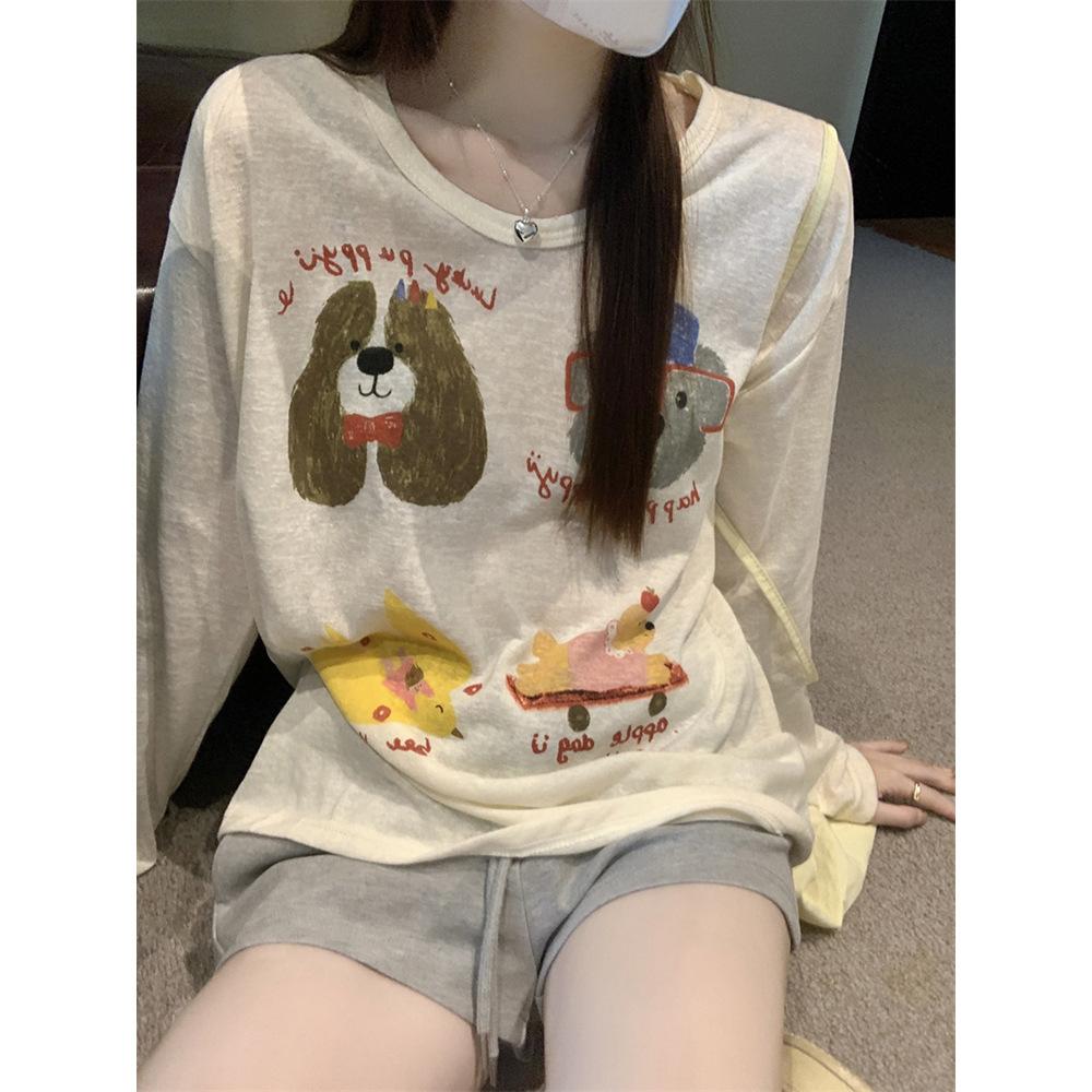 Thin Korean Printed Long Sleeve T-Shirt Women's Spring Loose Casual Large Size Sunscreen Blouse ins Bottom Top