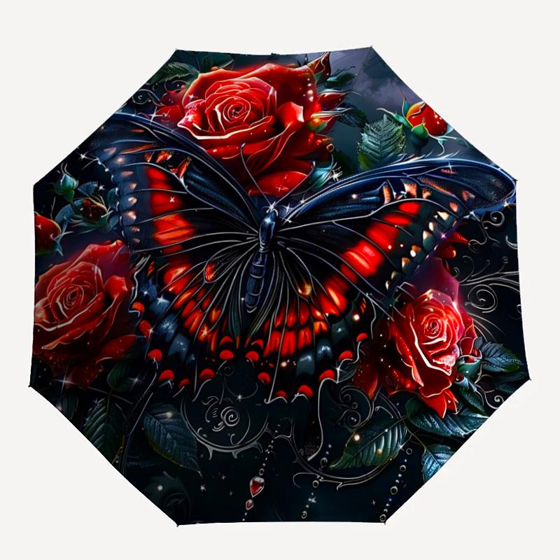 

1pc Butterfly Roses Print Automatic Umbrella - 8-Rib Durable Frame, Portable Fashion Accessory & Holiday Gift yy251117182