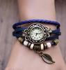 Womens Bracelet Weave Wrap Quartz Leather Leaf Beads Wrist Watches