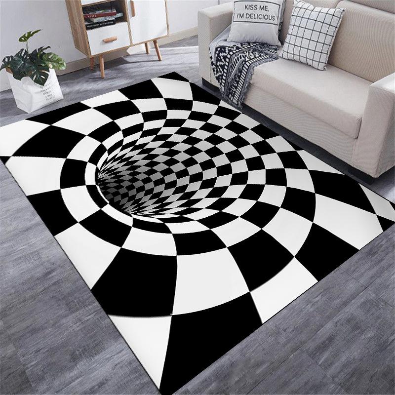 3D Optical Illusion Print Carpet Black and White Checkered Rug Home Decoration Mat Absorbent Non-slip Fun Decor Carpet