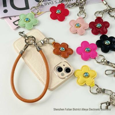 Cross-Border PU Leather Sunflower Keychain and Phone Lanyard, Color-Blocked Flower Pendant for Women's Bags.
