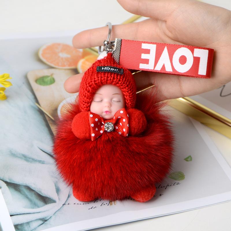 Pompom Sleeping Doll Keychain Cute Fluffy Plush Doll Keychains Women Girl Bags Keyrings Cars Key Ring Gift Charming Decoration