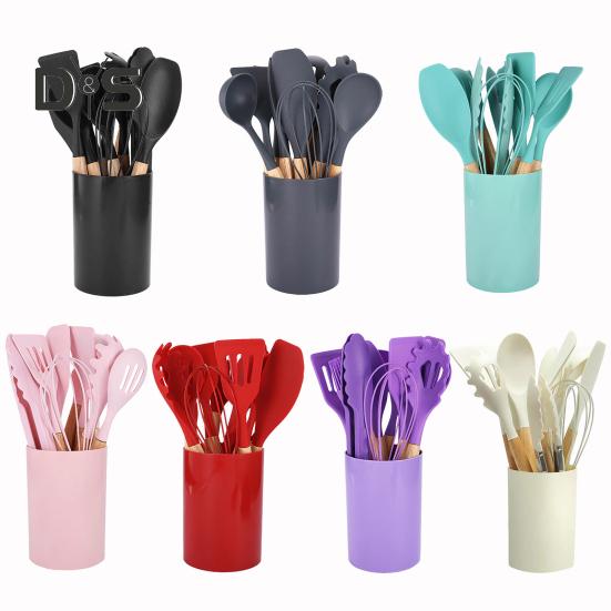 12Pcs Silicone Kitchenware Set Turner Spatula Spoon Non-Stick Heat Resistant Cooking Utensils with Wooden Handles Storage Bucket for All Cookware