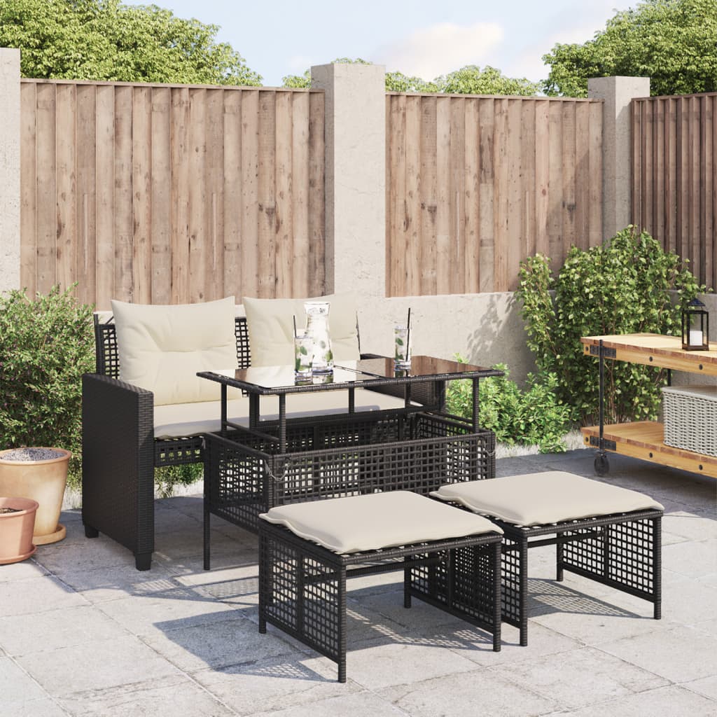 4 Piece Garden Sofa Set with Cushions Black Poly Rattan Glass Table