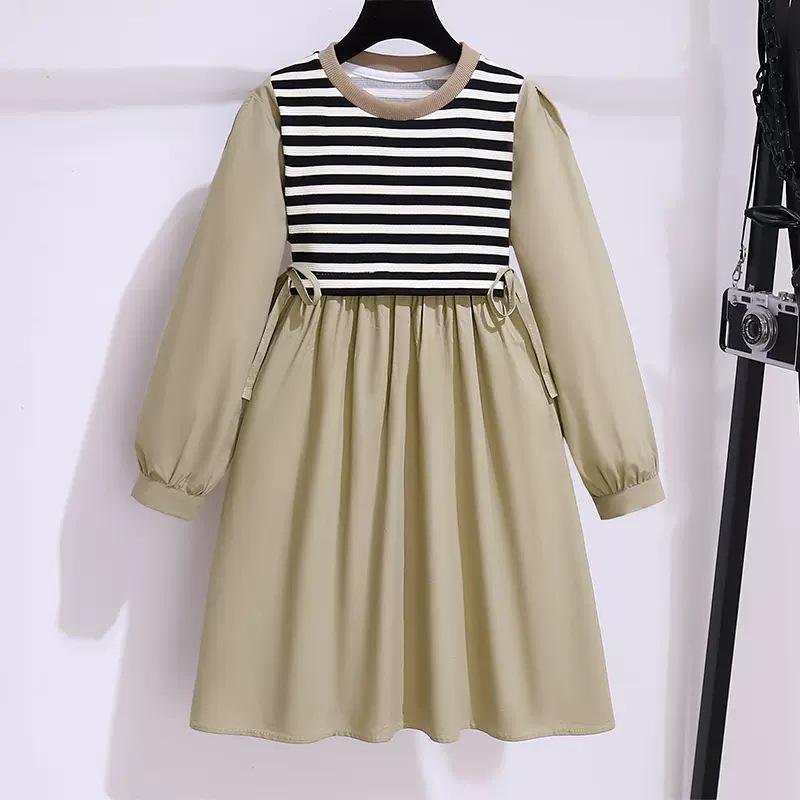 

Платье для девочек с длинным рукавом, в полоску, имитация двойки, в западном стиле, для весны и осени 170 cm хаки