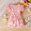 Toddler Girl Short Sleeve Ribbed Top with Ruffle Sleeves and Floral Print Overall Shorts Two-Piece Set for Baby Girls