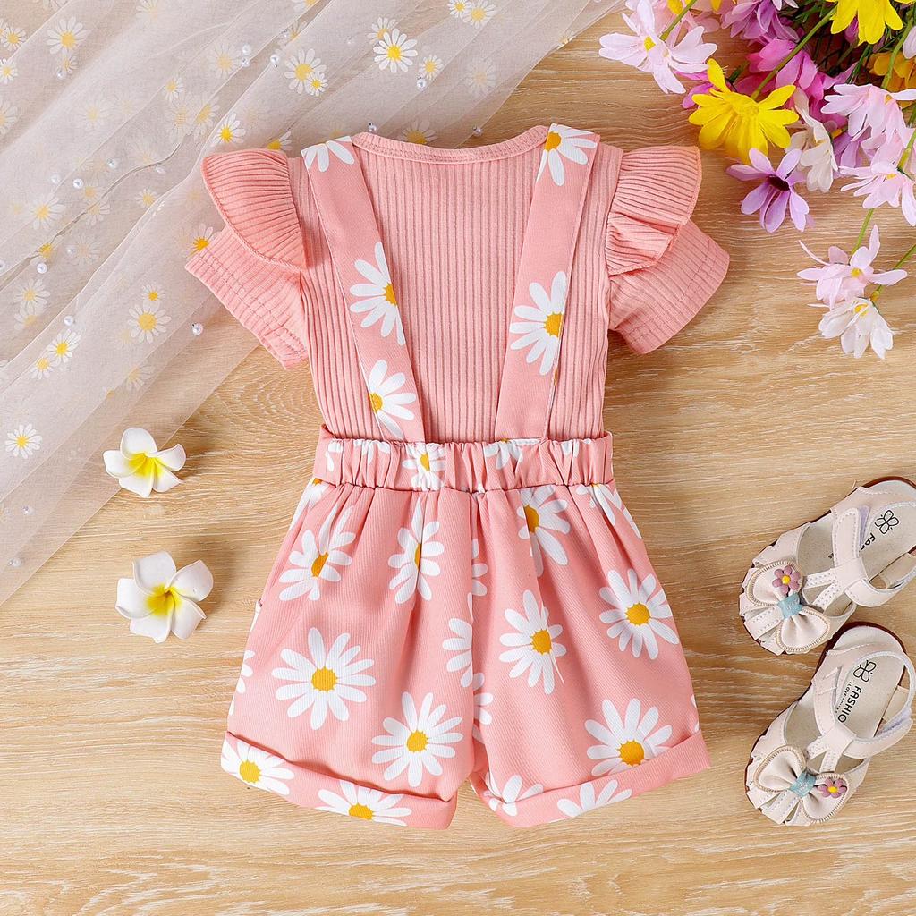 Toddler Girl Short Sleeve Ribbed Top with Ruffle Sleeves and Floral Print Overall Shorts Two-Piece Set for Baby Girls