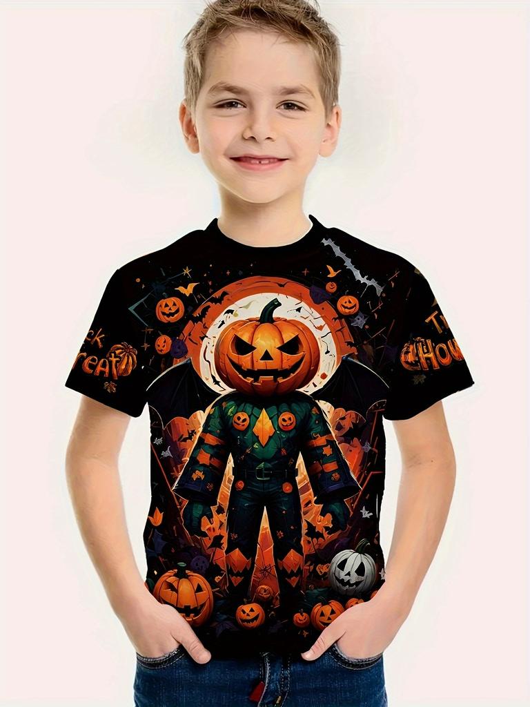 Ubrania Dziecięce Chłopięce Halloween Rekin Dynia Nadruk Chłopięcy T-shirt Krótki Rękaw Kreskówkowy Graficzny T-shirty O-Neck Odzież Dziecięca