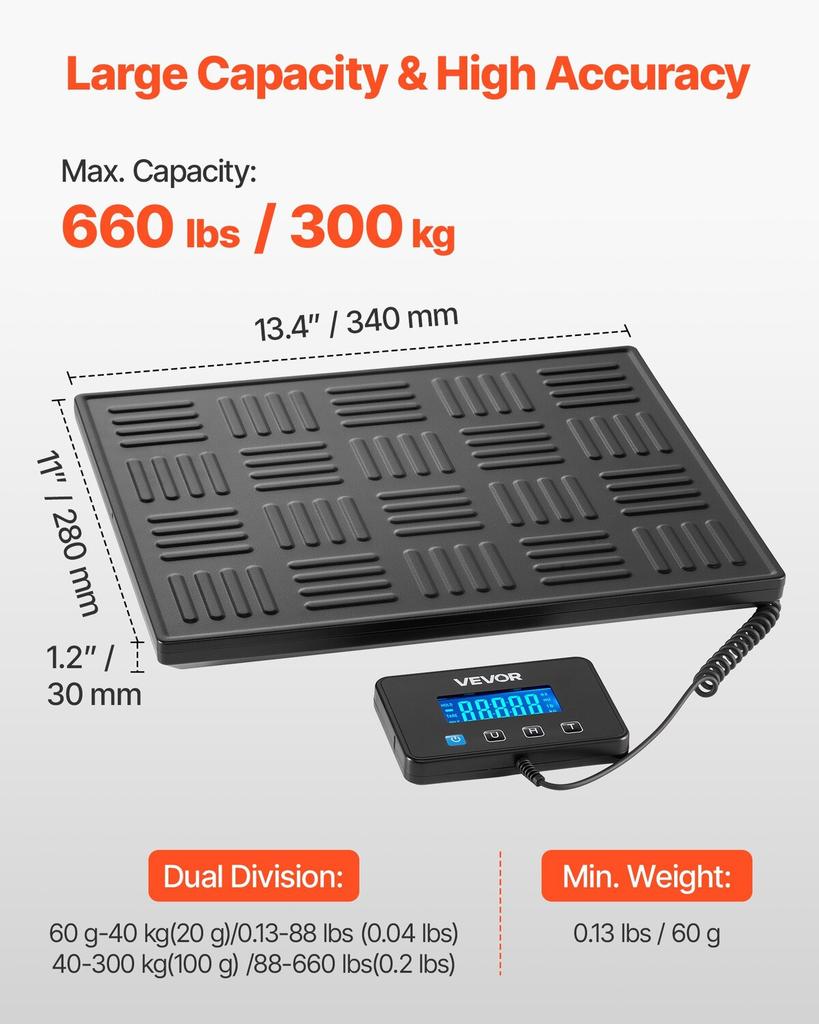 Digital Postal Scale, 20 g/100 g Dual Accuracy, 300 kg Commercial Weight Scale with Hold/Tare Function & LCD Display, Fit for Packages, Postage,