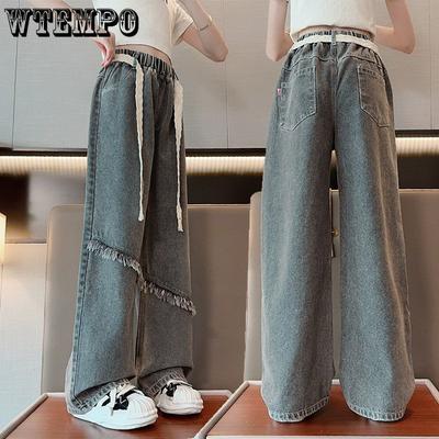 Girls' Wide Leg Jeans Spring and Autumn Girls' Loose Internet Red Retro Blue Straight Tube Children's Pants