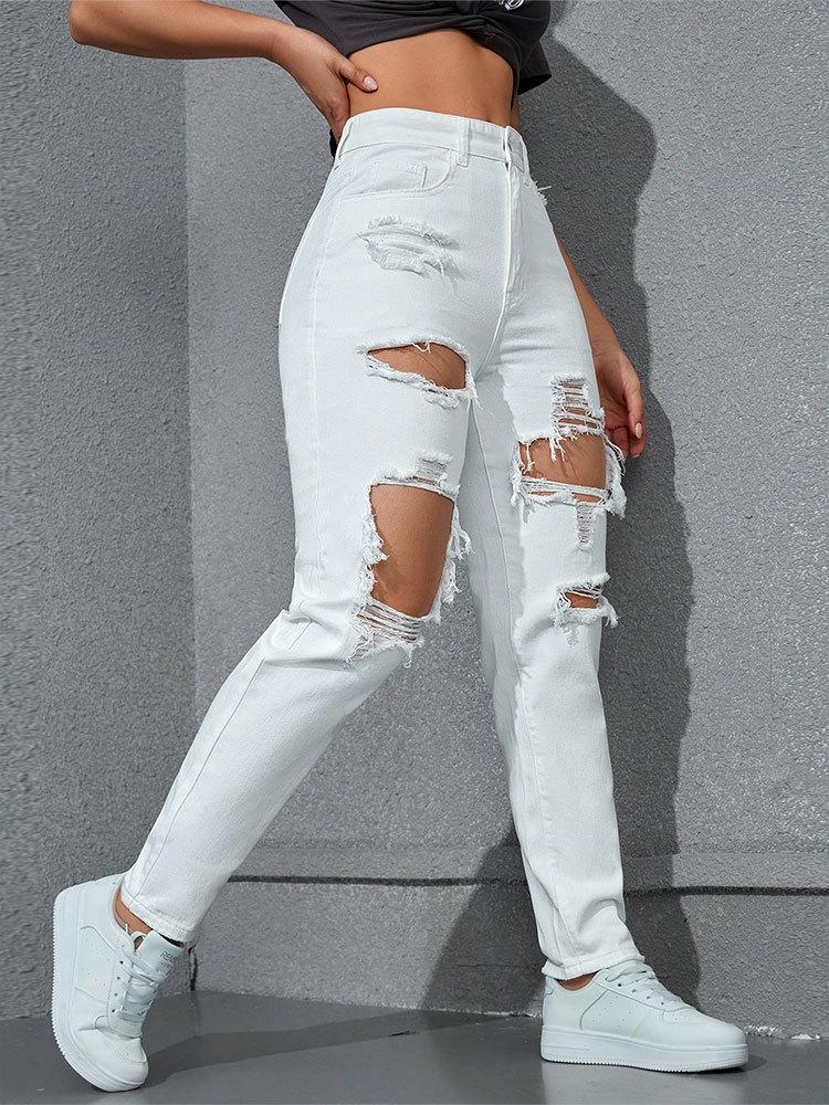 Jeans strappati da donna - Nuova tendenza europea americana, Lavati, Casual, Versatili, Elasticizzati, Larghi, Gamba dritta
