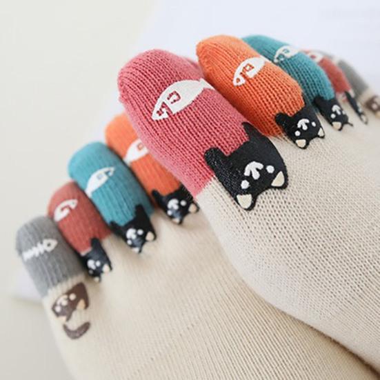 Women Cotton Toe Socks Cartoon Cat Fish Design Five Finger Socks Casual No Show Athletic Running Crew Socks