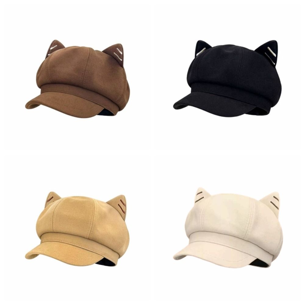 Solid Color Cat Ear Hat Woolen Octagonal Cap Fashion British Beret Hat  Autumn Winter