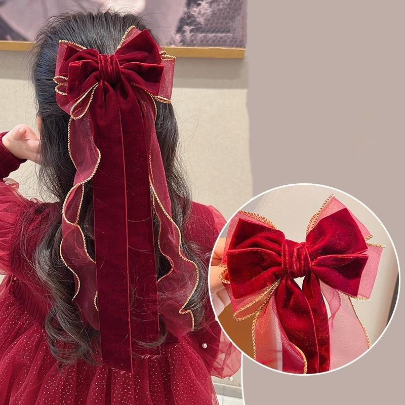 Wine Red Bow Ribbon Hair Clip Cute Barrettes Clip Ribbon Bow Velvet Hairpin Hair Accessories Princess Headdress New Year Gift A2