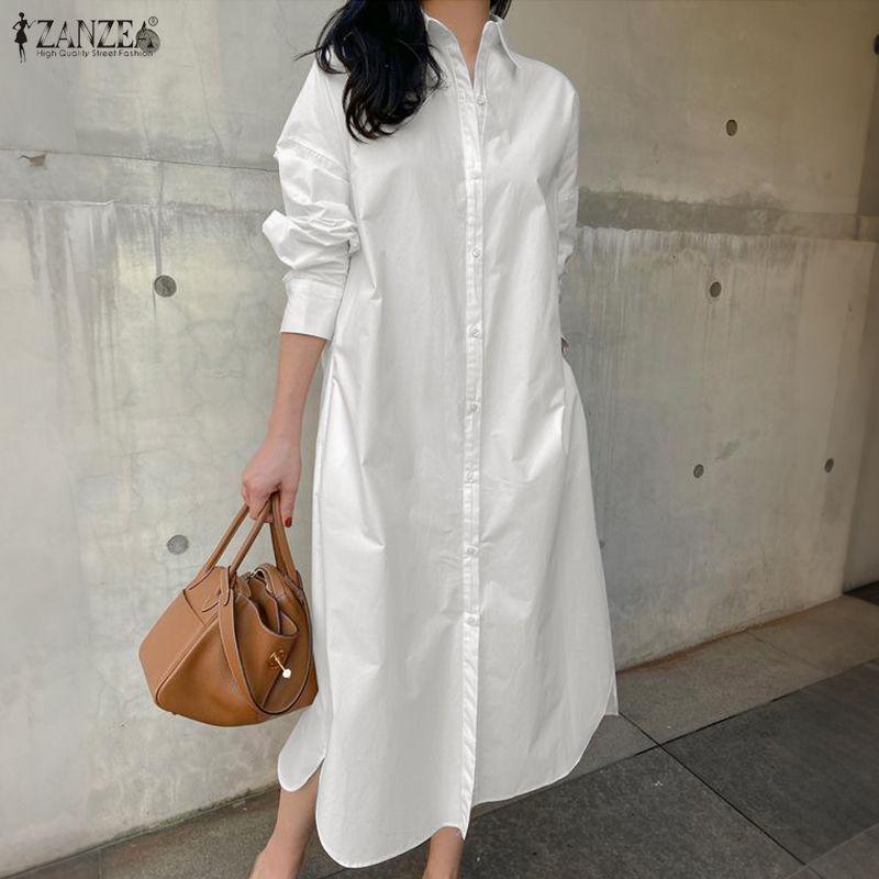 ZANZEA Women Casual Turn Down Collar 3/4 Sleeve Loose Shirt Dress