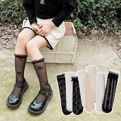 Letnia Dziecięca Skarpetka Dziewczęca Retro Koronkowa Falbanka Ażurowa Urocza Skarpetka do Łydki dla Dzieci Dziewczynki Cienka Oddychająca Falbankowa Księżniczka Skarpetka Dziecięca