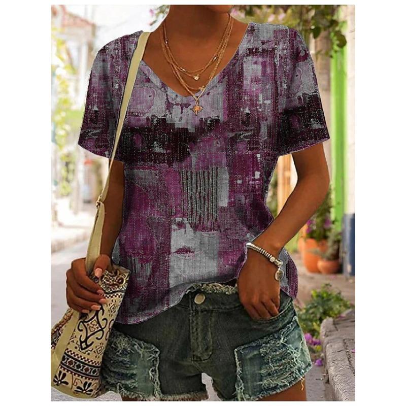 Loose Women's V-Neck Short Sleeve Graffiti Printed Casual Top T-Shirts Women’s