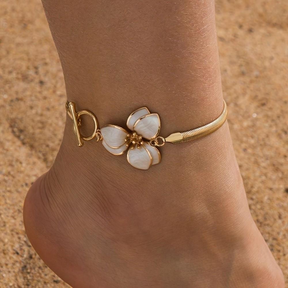Gold Oil-Dripped Flower Pendant Anklet 3D Charm Beach Anklet Foot Chain Jewelry for Foot Jewelry