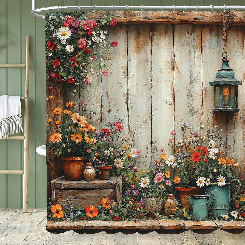Cortina de Ducha Jardín Sereno - Con Ganchos, Vibrante Natural Rústico Patio y Flores Cortinas de Baño Decoración del Hogar Cortina