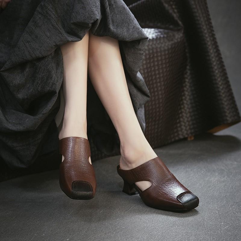 Johnature Retro Square Toe Thick Heel Fashion Slippers Breathable And Versatile Genuine Leather Women's Shoes