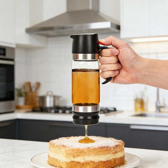 Press Honey Dispenser Bottle Syrup & Sauce Container with No-Drip Spout BPA-Free Plastic Honey Pourer Bottle for Kitchen Coffee Barbecue Use