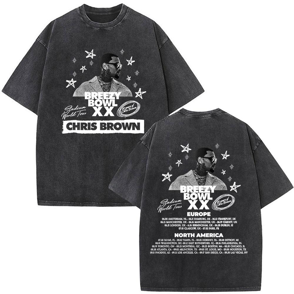 Rapper Chris Brown Breezy Bowl XX Tour 11:11 Vintage Washed T-Shirt Herren Damen Mode Hip Hop T-Shirts Baumwolle Oversized T-Shirts