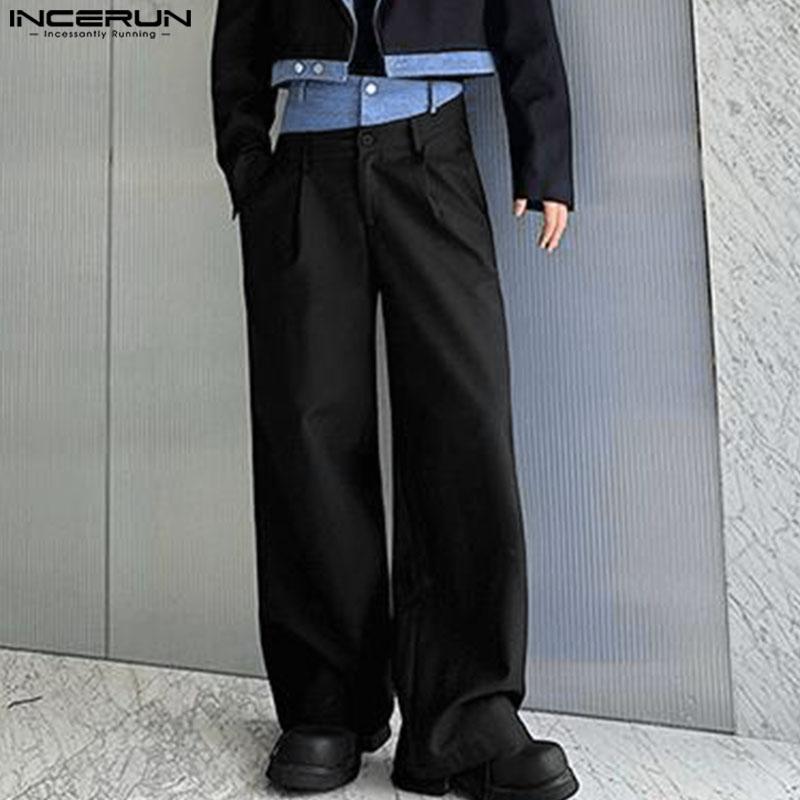 INCERUN Men Patchwork Zip-up Waist Casual Long Straight Pants Trousers