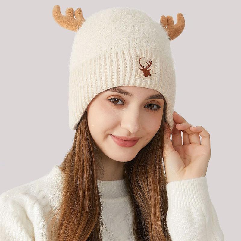 Knitted Hat Women's Stitching Antler Ear Protection Thick Warm Hat Women's Winter Wool Hat