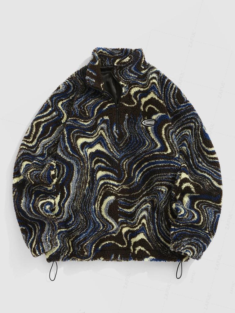 ZAFUL Men's Swirl Print Faux Shearling Teddy Toggle Drawstring Patched Design Stand Collar Jacket