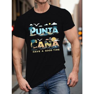 Taglie Europee Uomo Taglie Forti T-shirt Casual, Stampa Grafica "Punta Cana Have a Good Time", Girocollo, Manica Corta, Leggermente Elastica, Vestibilità Regolare