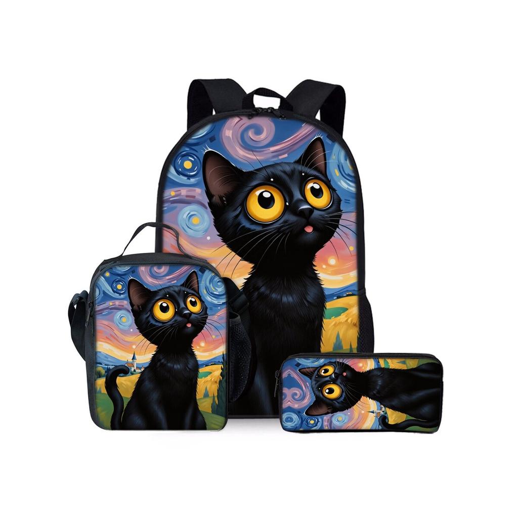 Set di Zainetti Tre Pezzi con Stampa Gatto Nero e Fiori per Ragazzi e Ragazze Migliori Regali Zaino Scolastico Cartoon Piatto 2D per Bambini