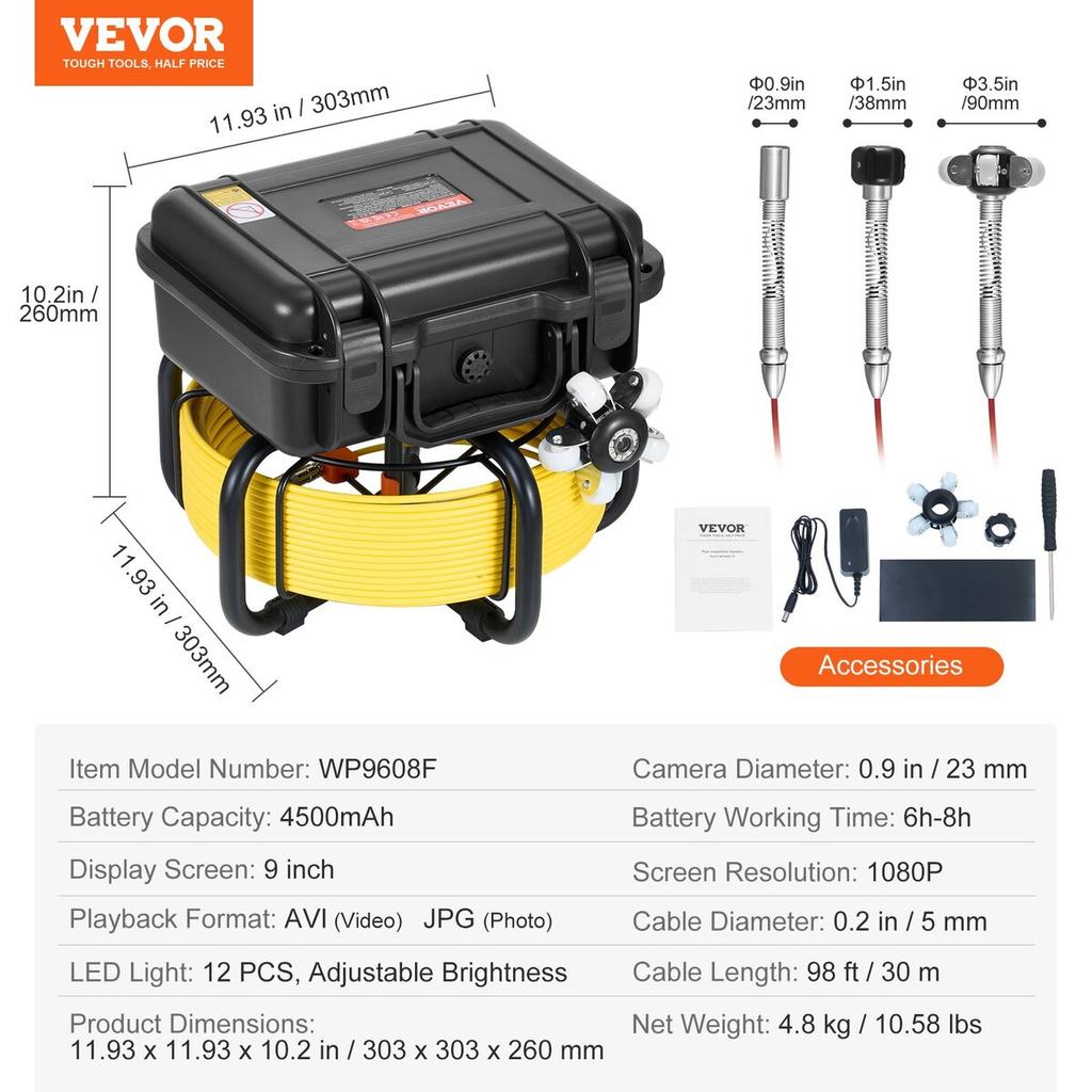 Sewer Camera 98 ft/30m Self-Leveling Drain Camera with 9" Screen 36X Zoom