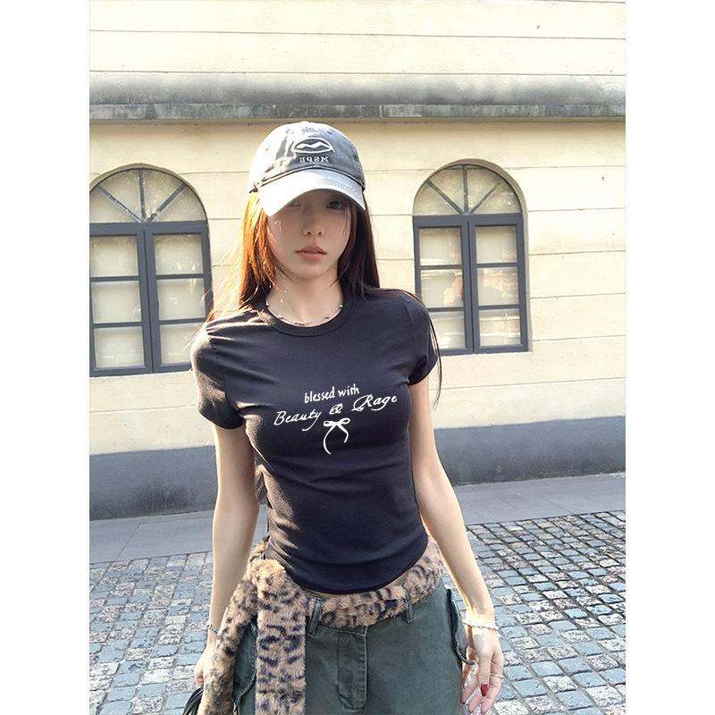 Letter Bow Short Sleeve T-Shirt Women's Summer Sweet Spice Girls Korean Slim Skinny Top Dopamine Bottom