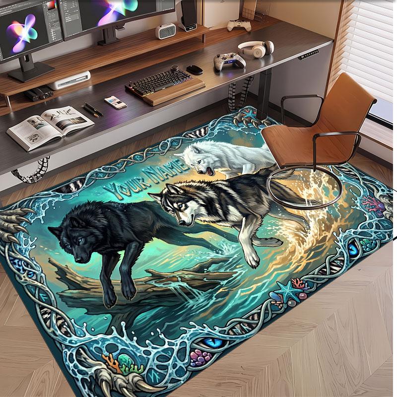 Wolf Theme Soft Crystal Velvet Rug Custom Name & Text Print Non Slip Floor Rug for Bedroom Living Room
