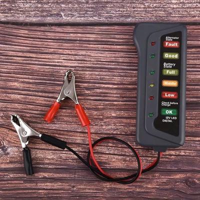 Battery Tester - Universal - 12V - 6 LED Display - Grey Color - Spark-Free Safe