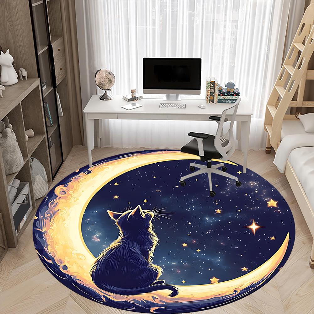 1pc Moon Cat Office Round Area Rug, Indoor Mat Suitable For Office, Under Office Chairs Bedroom Living Room Home Decor, Room Deco 042