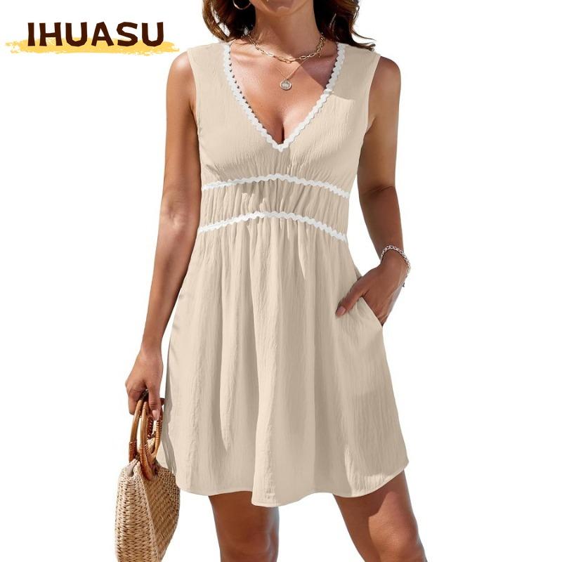 IHUASU Women's Fashion Summer Spring Sleeveless V-Neck Casual Dresses