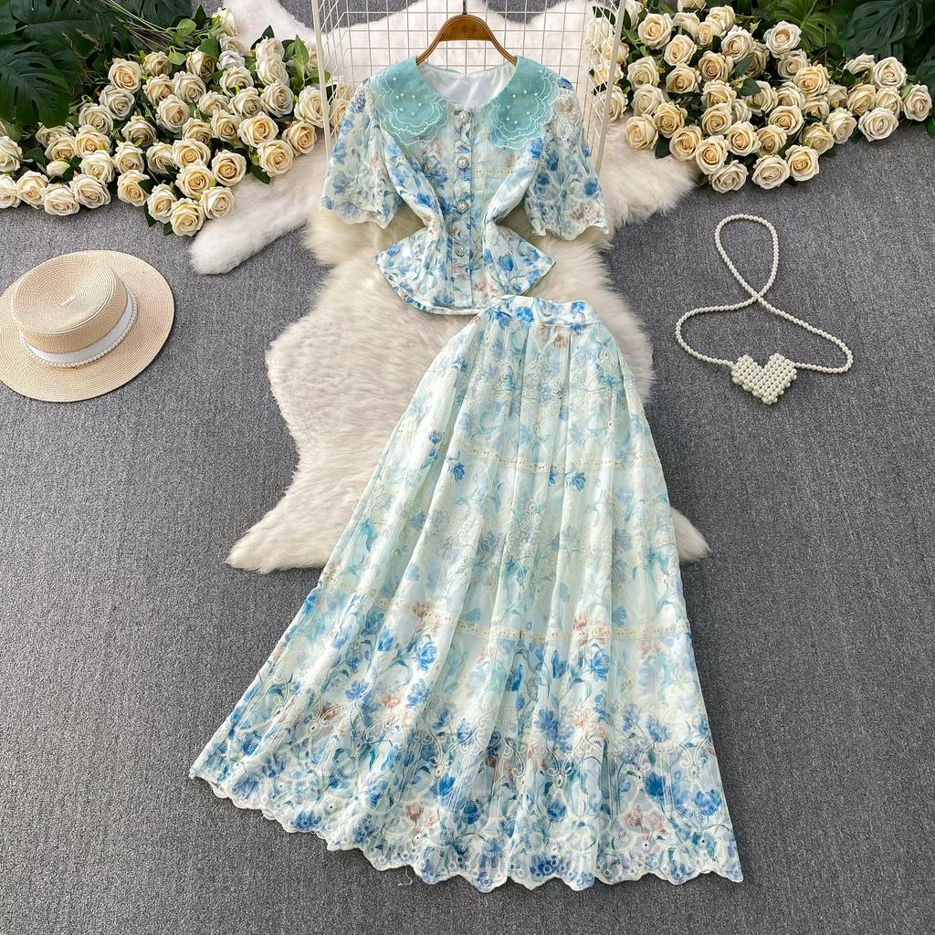 Elegant 2 Piece Set Women Summer Spring Floral Print Embroidery Prom Evening Party Long Dress Suits Crop Top Skirts Suits