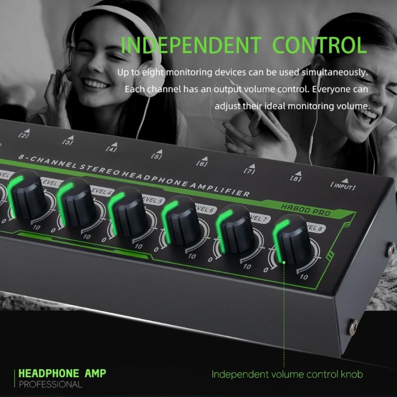 8 Channel Stereo Headphone Amplifier LED Sound Amplifier With Power Adapter EU US Plug Adapter Headphone Amplifier