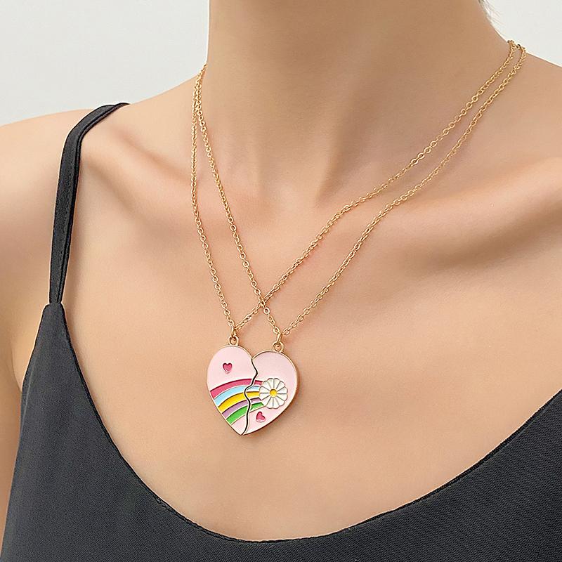 2Pcs Ins Style Heart Rainbow Stitching Necklace Fashion Pendant Alloy Clavicle Chain For Children Best Friend Jewelry Gifts