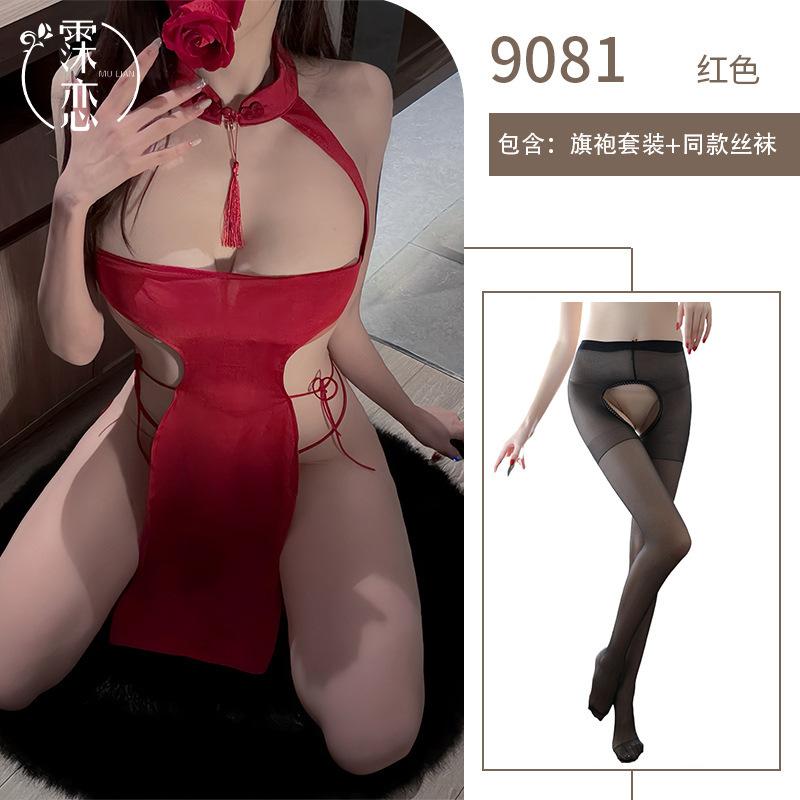 Sex Underwear Sexy Hollow Hot Lace-up Cheongsam High Split Skirt Nightclub Witch Uniform Temptation