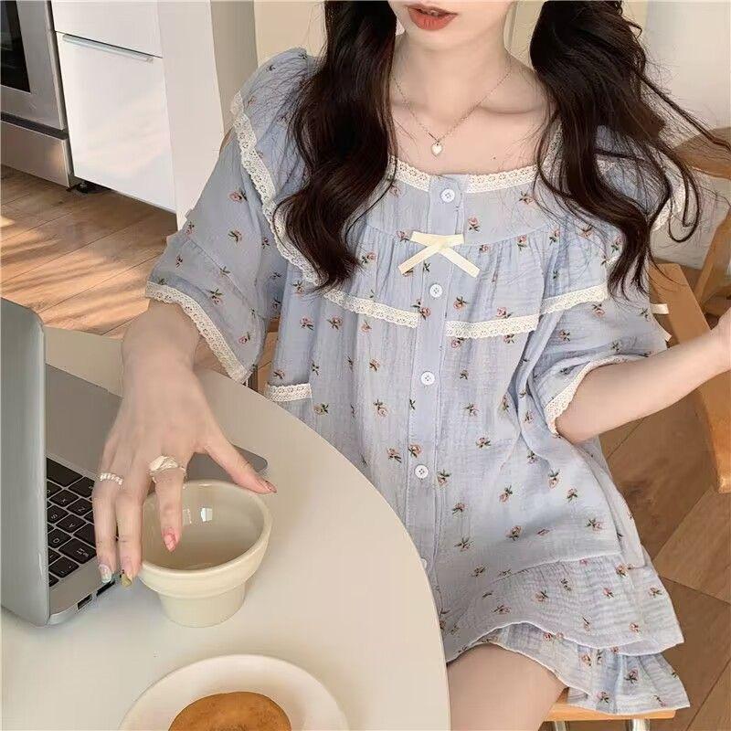 Summer Girl Sleepwear Set With Doll Collar And Floral Print Made Of Milk Silk For Cozy Home And Sleep Comfort