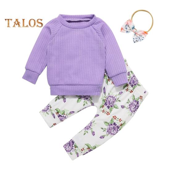 

Дитячий верхній брючний костюм із 3 шт./комплект із пов’язкою на голові з бантом і круглим вирізом, довгим рукавом, брюками на талії, одяг для різних випадків 80cm фіолетовий