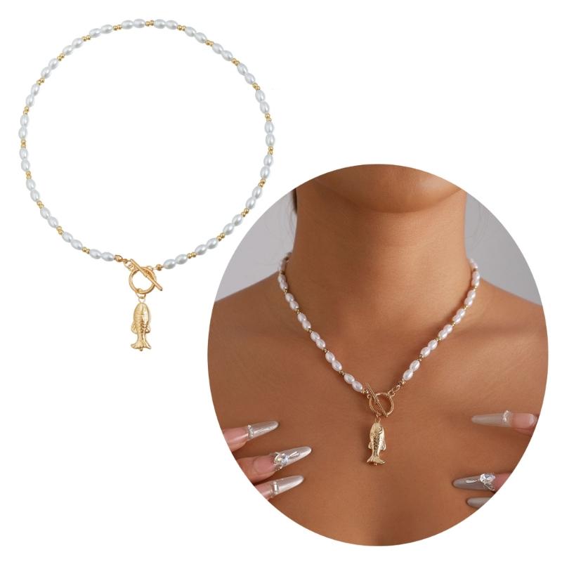Collana Pendente Creativa a Forma di Pesce Impreziosita da Perle Finte e Perline con Chiusura OT Catena per la Clavicola per Vari Abbigliamenti